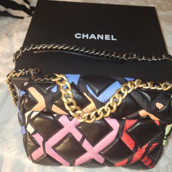 CHANEL Lam Printed Fabric Medium Chanel 19 Flap Black Multicolor - Picture 6 of 7